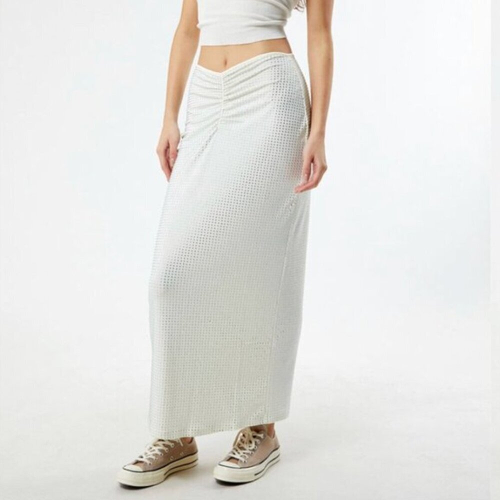 NWOT WEWOREWHAT Crystal Midi Skirt Spandex Ecru White Silver Rhinestone Cinched